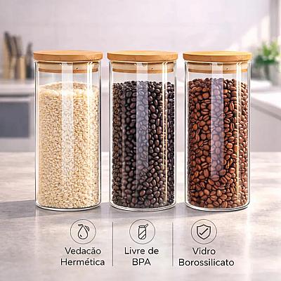 Imagem do produto Kit 3 Potes De Vidro Herméticos Com Tampa De Bambu...