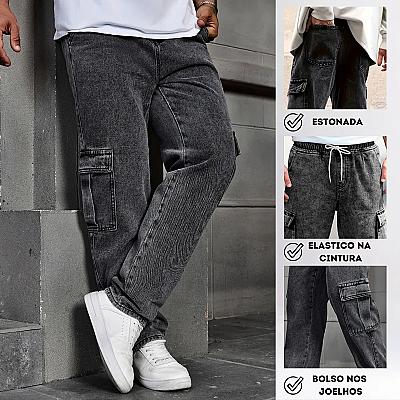 Imagem do produto Calça Cargo, Masculina Jeans Cós de Elástico Stree...
