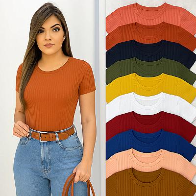 Imagem do produto Kit 5 Blusas Femininas T-Shirt em Malha Canelada P...
