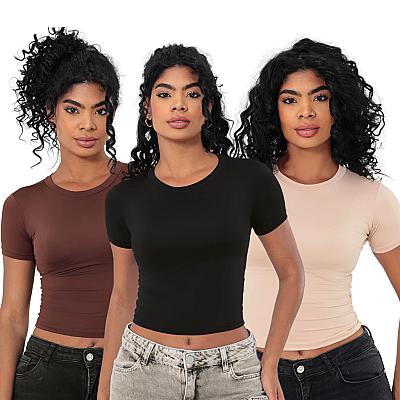 Imagem do produto KIT 03 Baby Tee Feminina - Blusa Slim Fit Manga Cu...